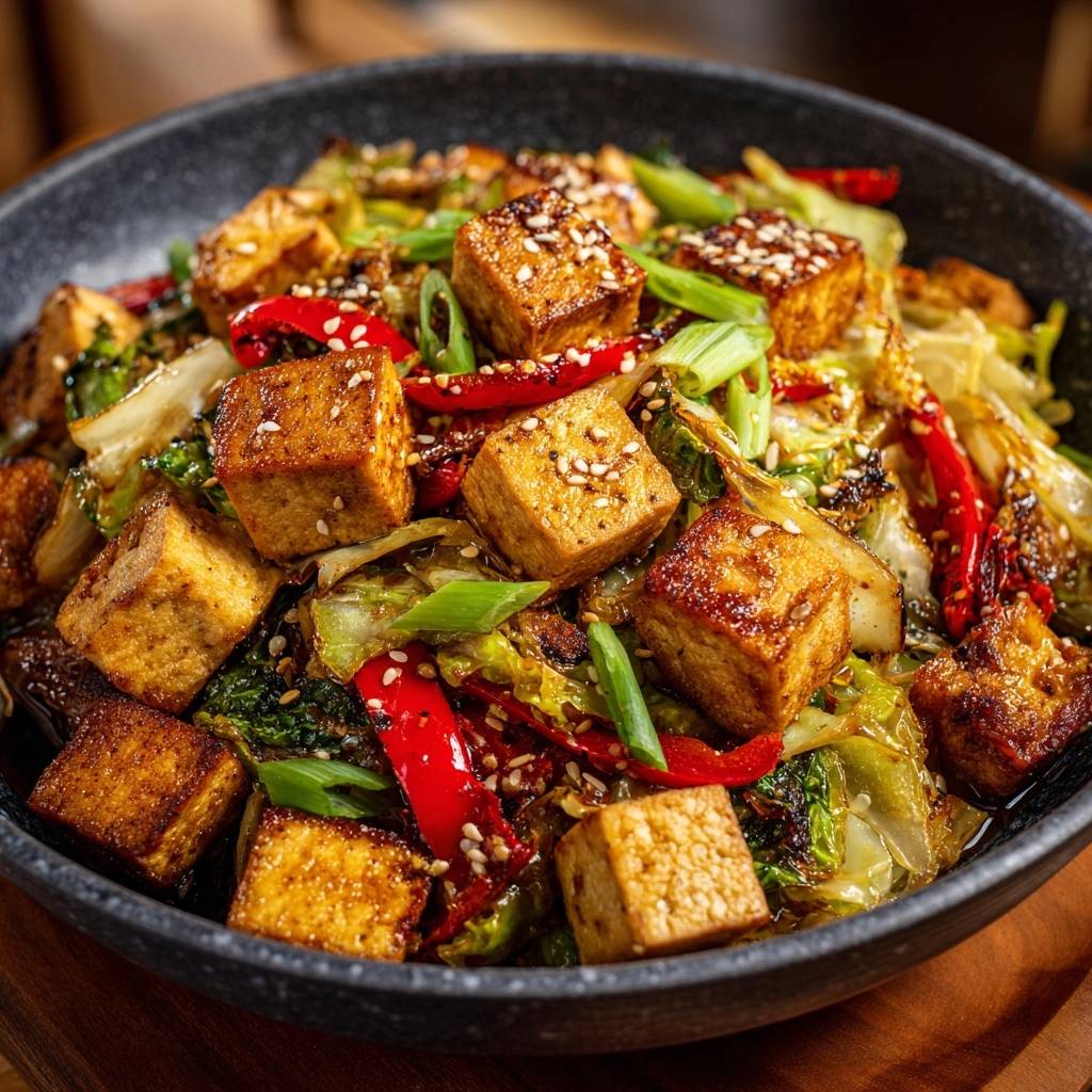 Knusprige Tofu-Gemüse-Pfanne mit Sesam garniert, nahaufnahme der goldbraunen Tofuwürfel und frischem Gemüse.