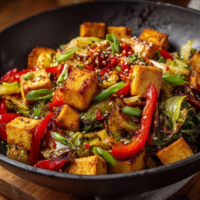 Knusprige Tofu-Gemüse-Pfanne mit roten Paprika, Lauchzwiebeln und Sesam garniert im Detail.