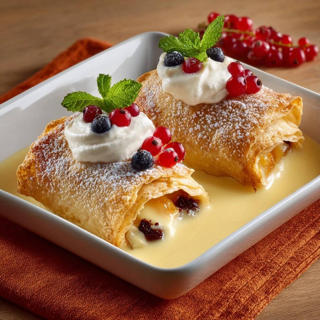 Knuspriger Apfelstrudel mit Vanillesauce, serviert mit Schlagsahne und Beeren, bestäubt mit Puderzucker.