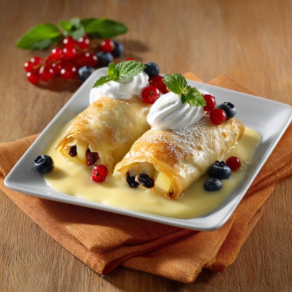 Knuspriger Apfelstrudel mit Vanillesauce, serviert mit frischen Beeren, Schlagsahne und Minze auf einem Teller.