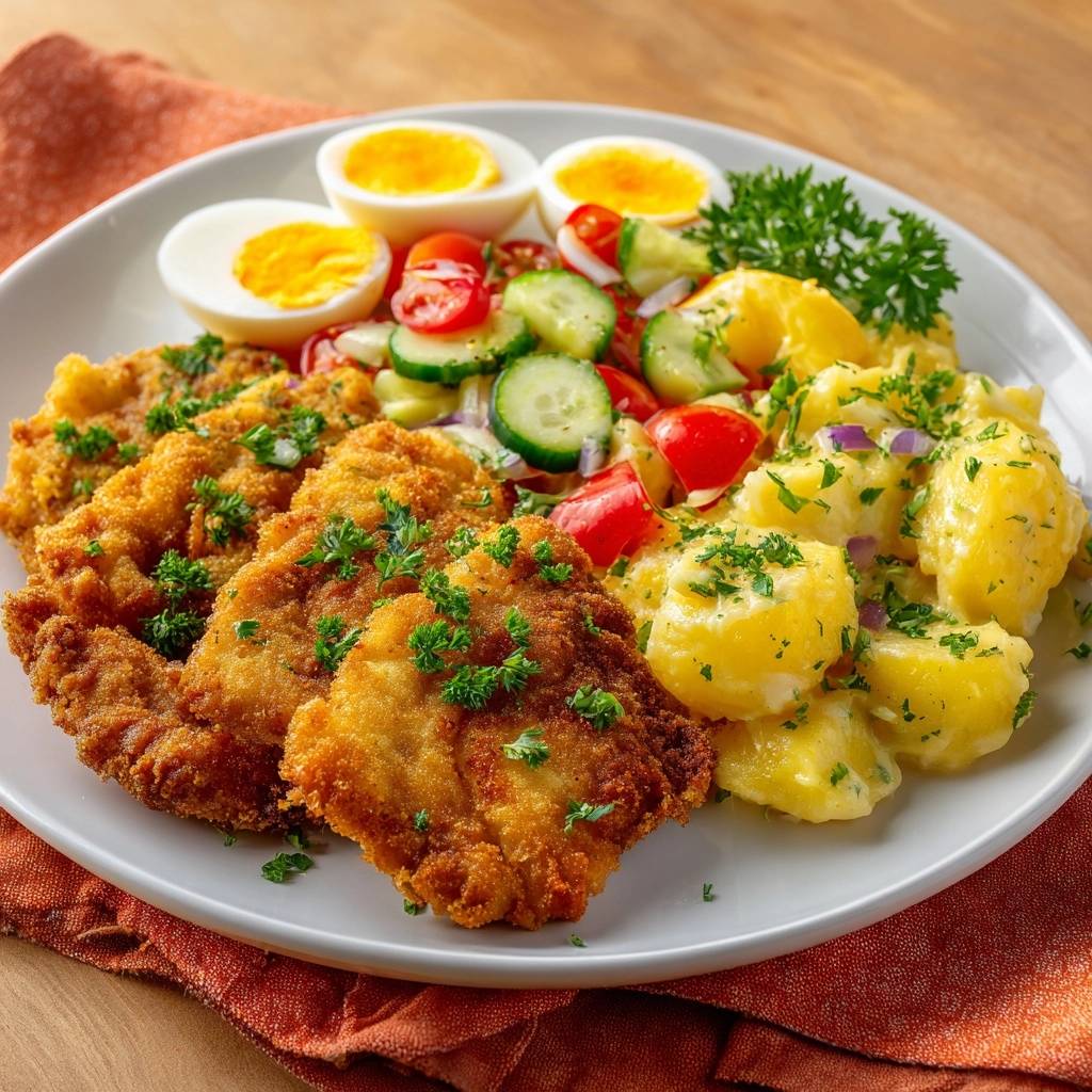 Knuspriges Putenschnitzel mit Kartoffel-Ei-Salat, serviert auf einem Teller mit garniertem Kartoffelsalat und gekochtem Ei.