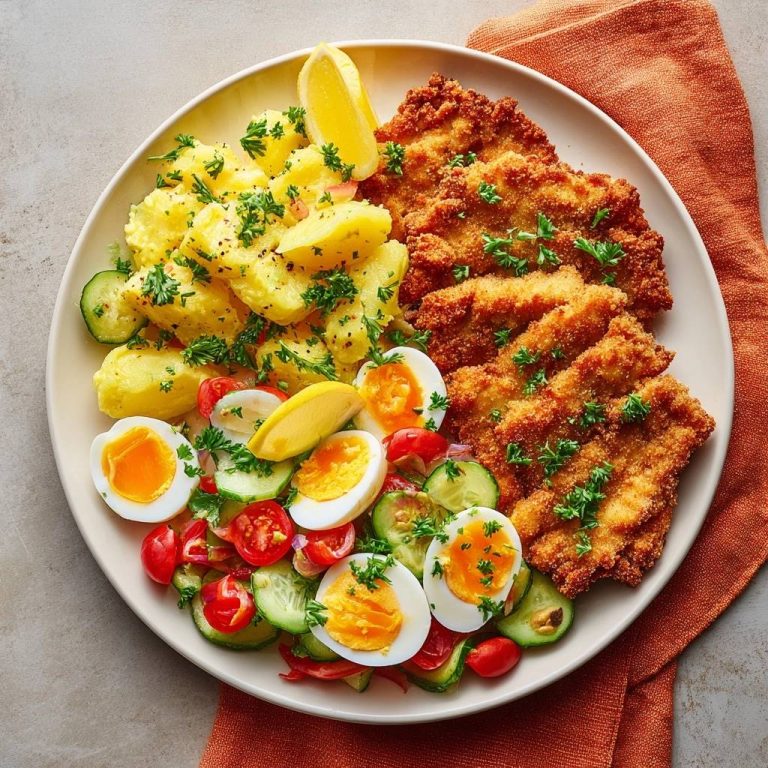 Knuspriges Putenschnitzel mit Kartoffel-Ei-Salat, serviert auf einem Teller mit garnierten Eiern und Zitrone.