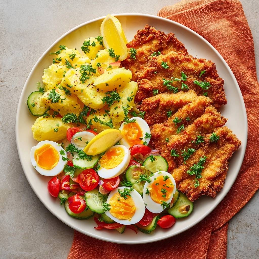 Knuspriges Putenschnitzel mit Kartoffel-Ei-Salat, serviert auf einem Teller mit garnierten Eiern und Zitrone.