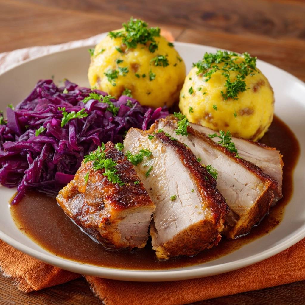 Klassischer Krustenbraten vom Schwein mit Rotkohl und Knödeln, auf einem Teller mit Sauce und Petersilie garniert, angeschnitten