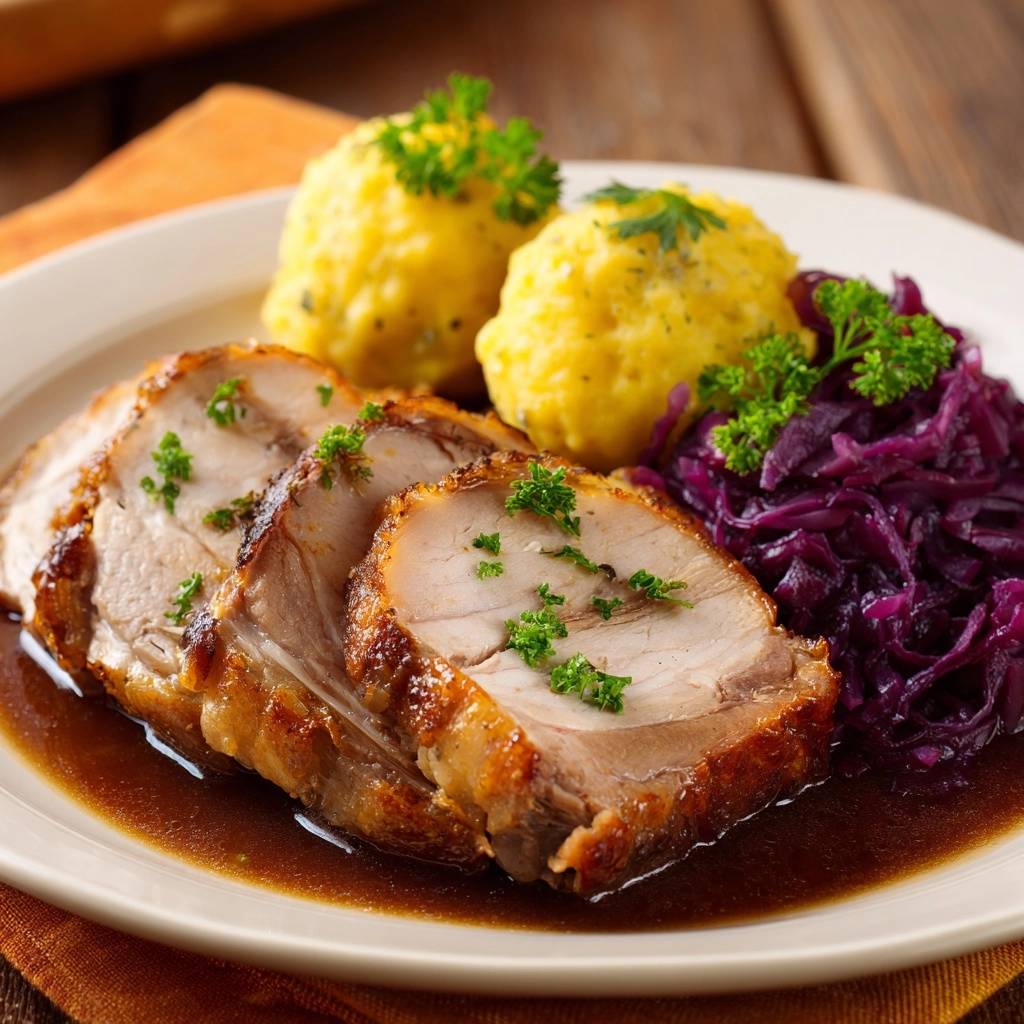 Klassischer Krustenbraten vom Schwein mit Rotkohl und Knödeln, hier als einzelne Scheiben auf dem Teller mit Beilagen serviert.