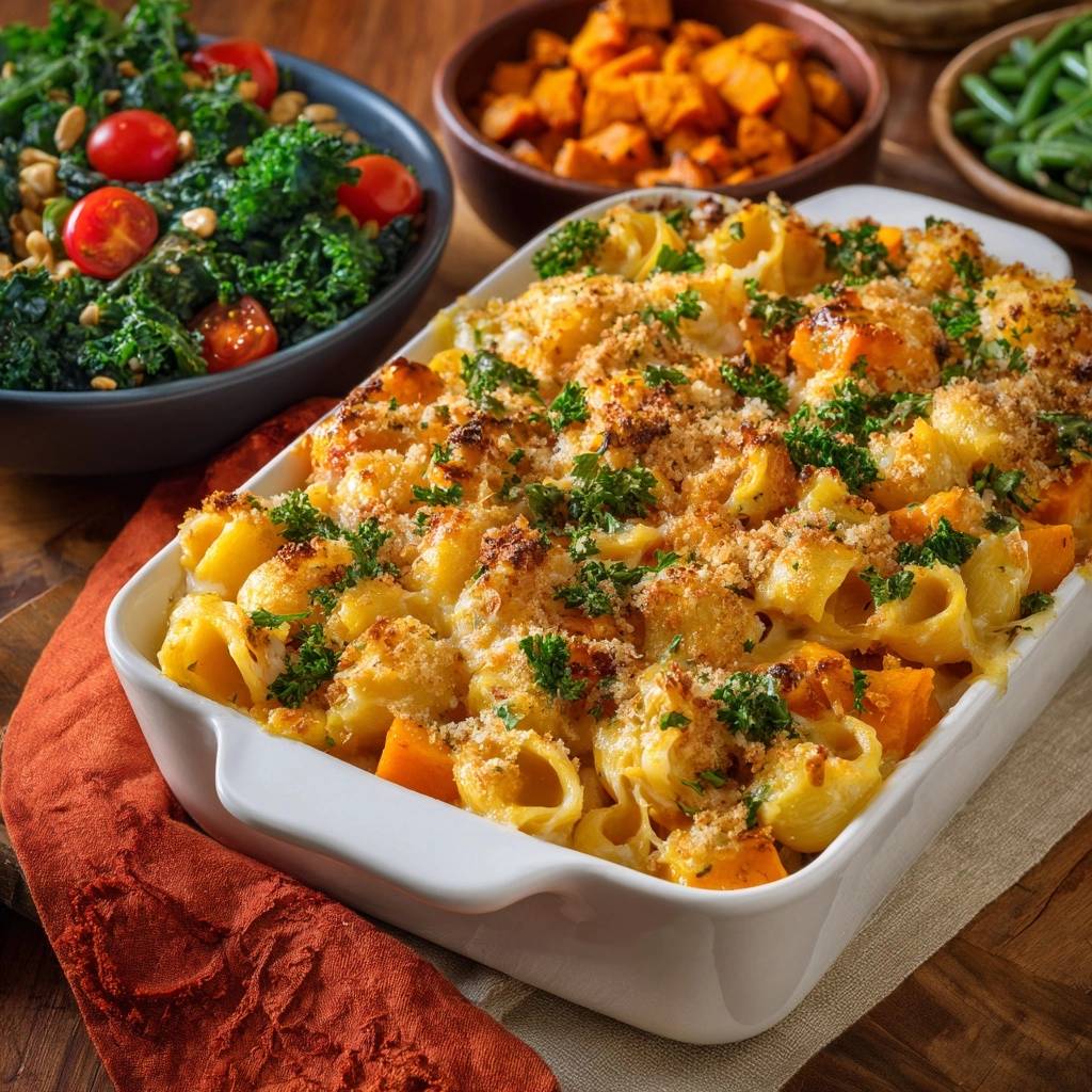 Cremiger Kürbis-Pasta-Auflauf garniert mit frischen Kräutern und knuspriger Kruste, bereit zum Servieren.