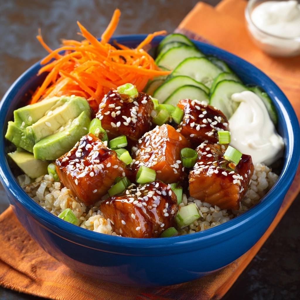 Frische Lachs Poke Bowl mit Umami-Glasur, garniert mit Sesam und Frühlingszwiebeln, nahaufnahme der einzelnen Stücke.