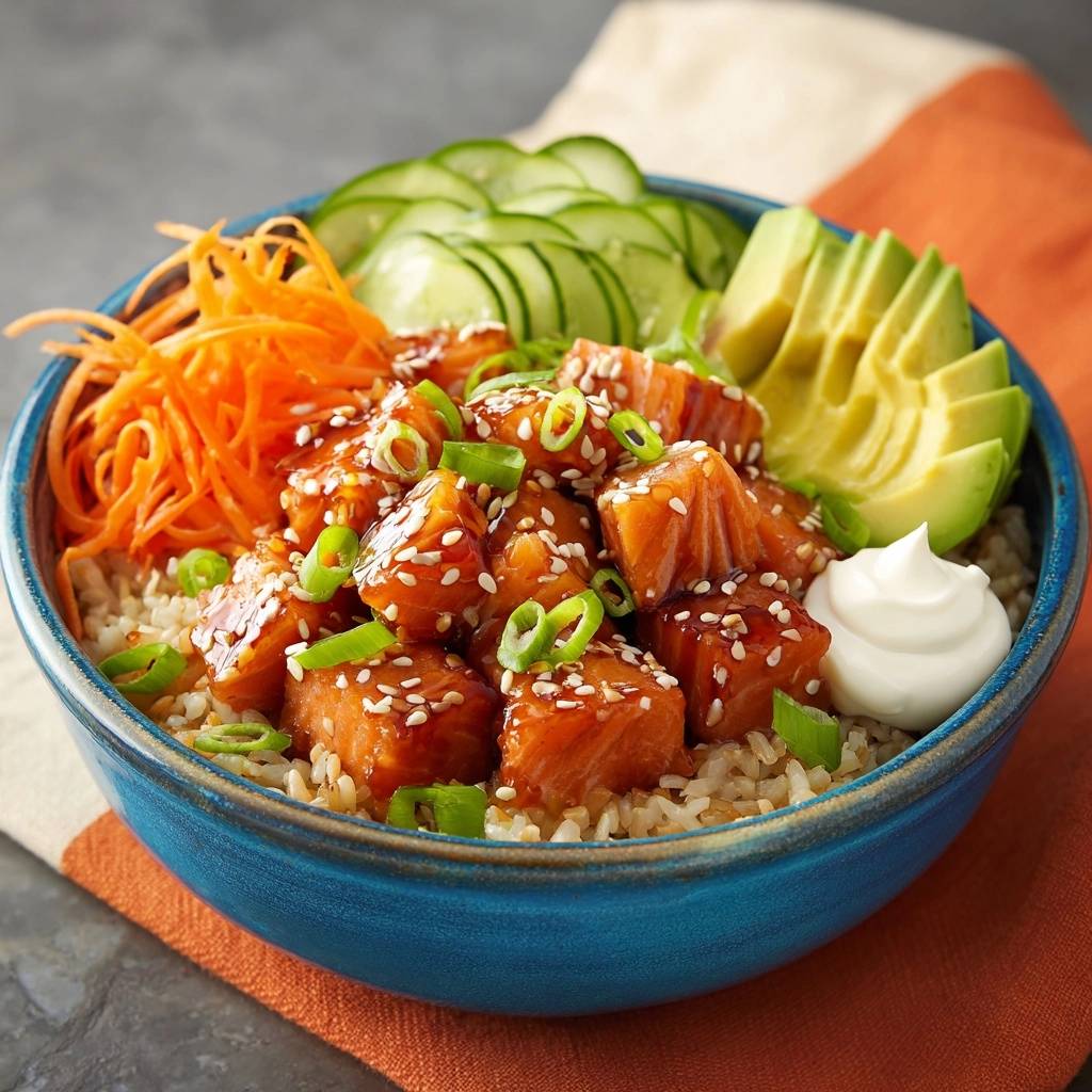 Frische Lachs Poke Bowl mit Umami-Glasur, garniert mit Sesam und Frühlingszwiebeln, serviert mit Gurken und Avocado