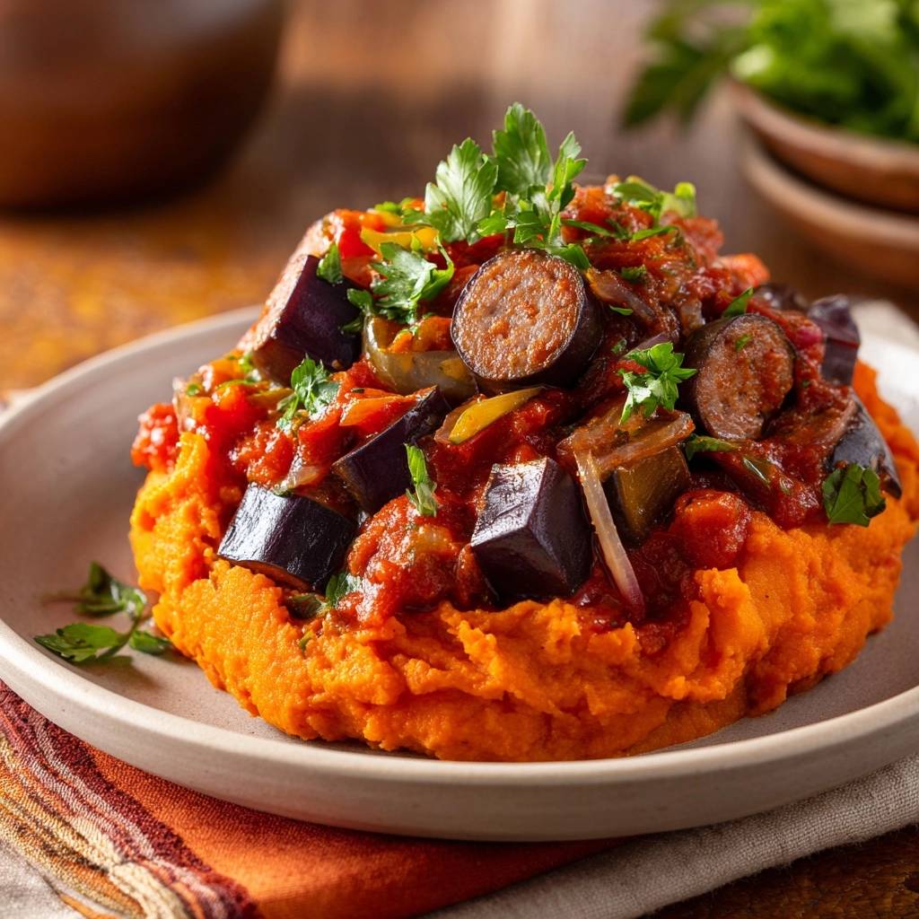 Mediterrane Auberginen-Pfanne mit Wurst & Süßkartoffelpüree als Nahaufnahme auf einem Teller serviert.