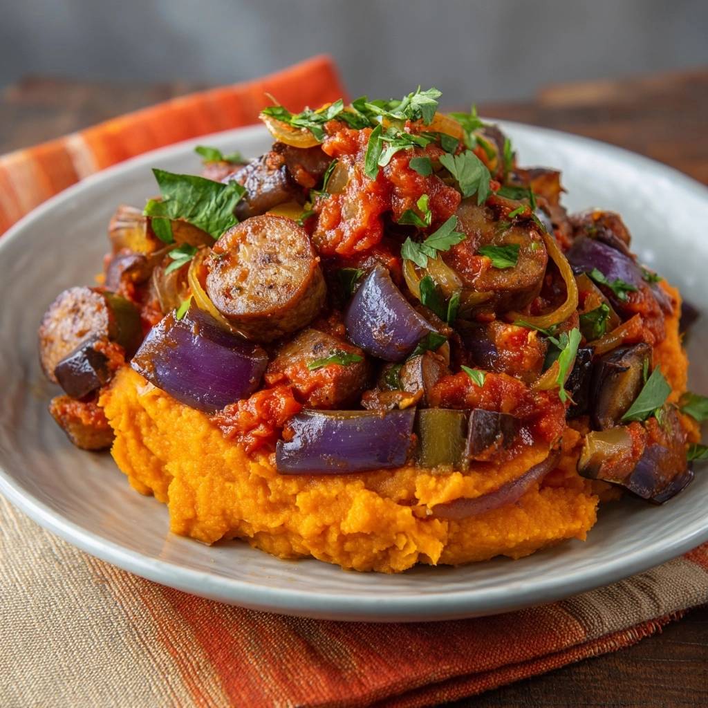 Mediterrane Auberginen-Pfanne mit Wurst und Süßkartoffelpüree, eine Nahaufnahme des servierten Gerichts mit Garnitur.
