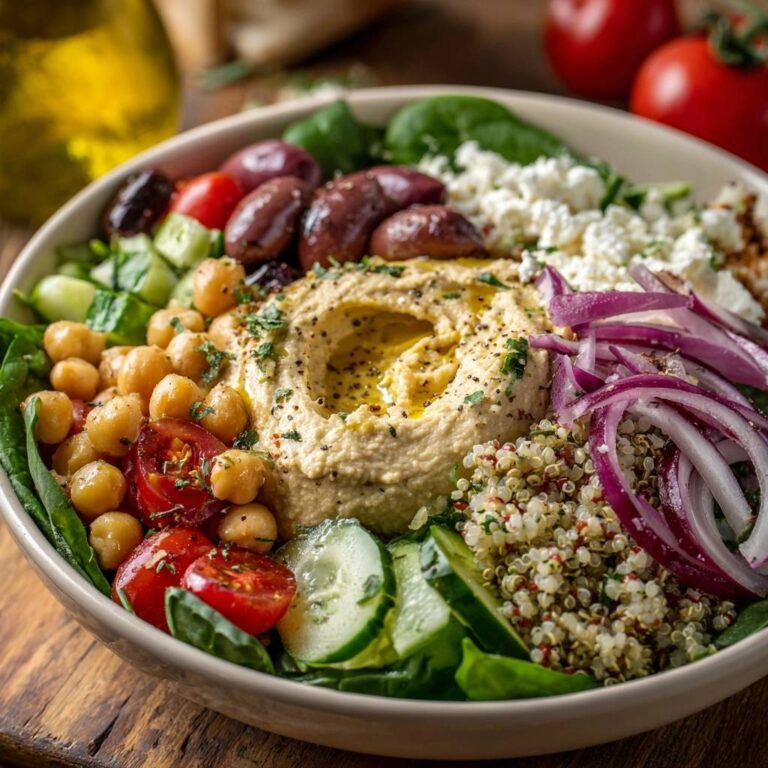 Mediterrane Hummus-Quinoa-Bowl als Nahaufnahme mit detaillierter Ansicht der frischen Zutaten und Hummus in der Mitte.