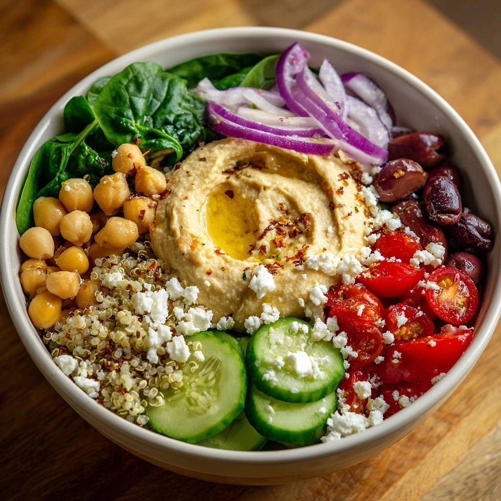 Mediterrane Hummus-Quinoa-Bowl, nahaufnahme der bunten Zutaten mit Hummus und Feta garniert