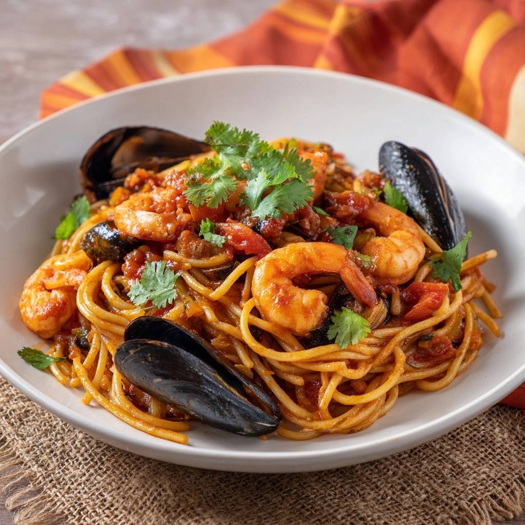 Mediterrane Meeresfrüchte-Spaghetti, garniert mit frischer Petersilie und serviert in einer weißen Schüssel mit Garnelen und Muscheln.