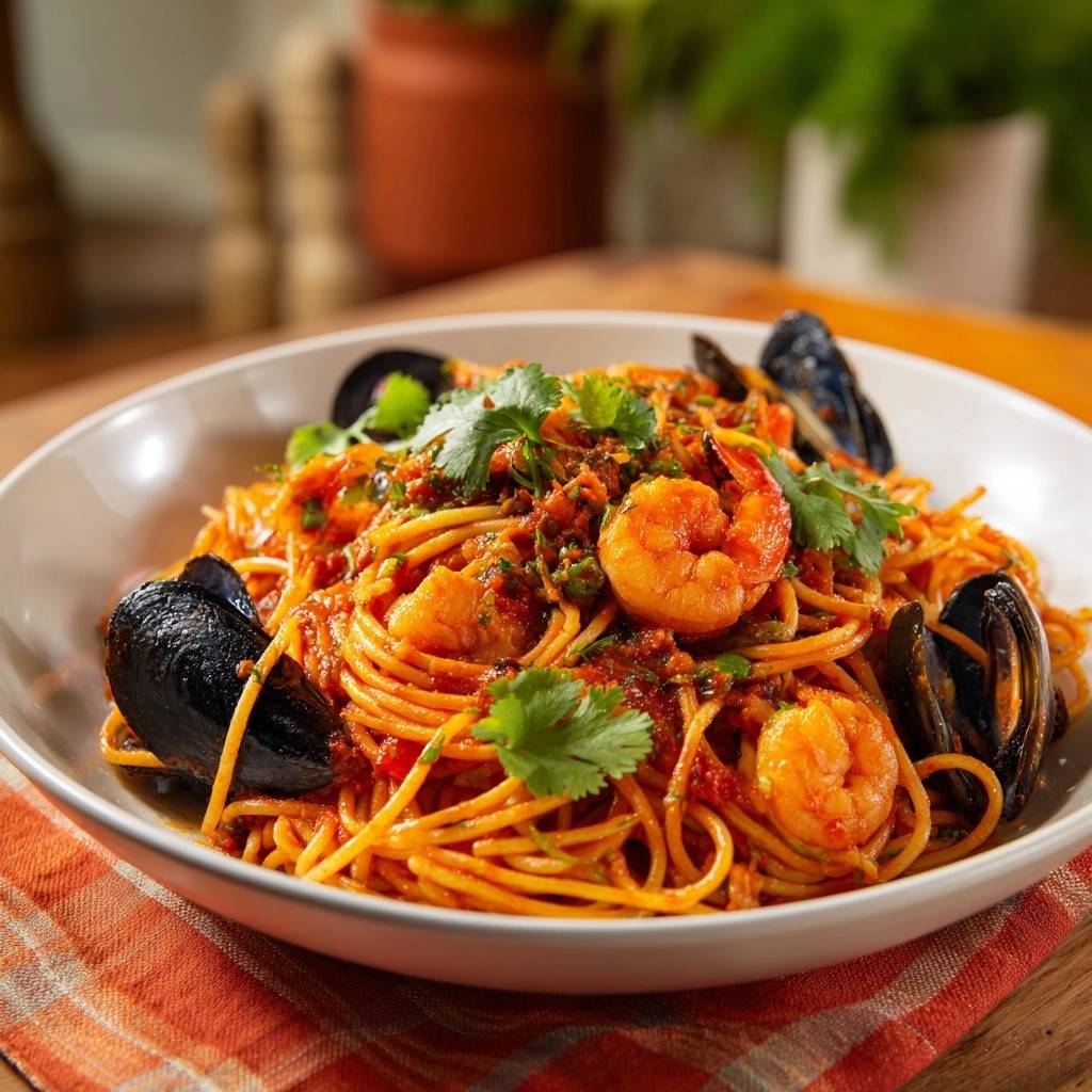 Mediterrane Meeresfrüchte-Spaghetti mit Garnelen und Muscheln, garniert mit frischer Petersilie auf einem Teller
