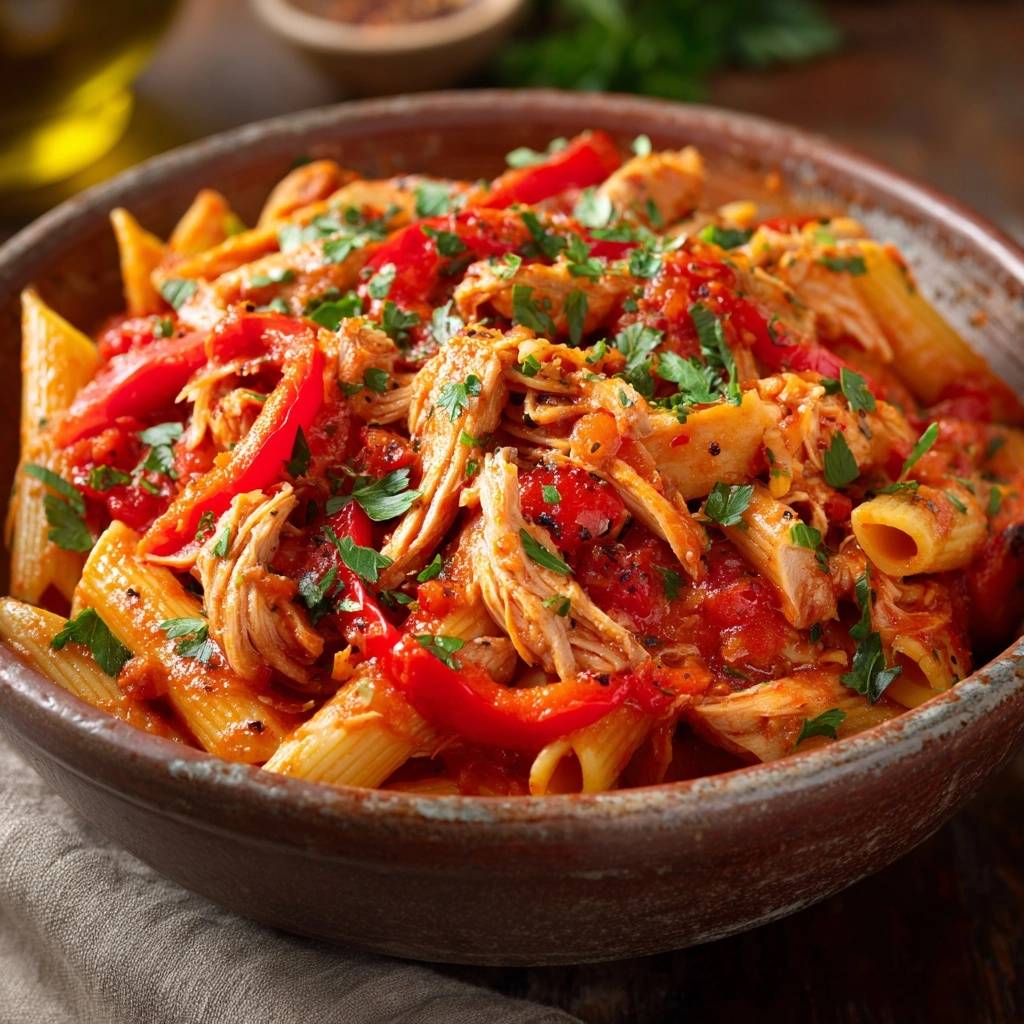 Mediterrane Penne mit Zupfhähnchen, eine Nahaufnahme des Gerichts mit viel Sauce und frischer Petersilie garniert.