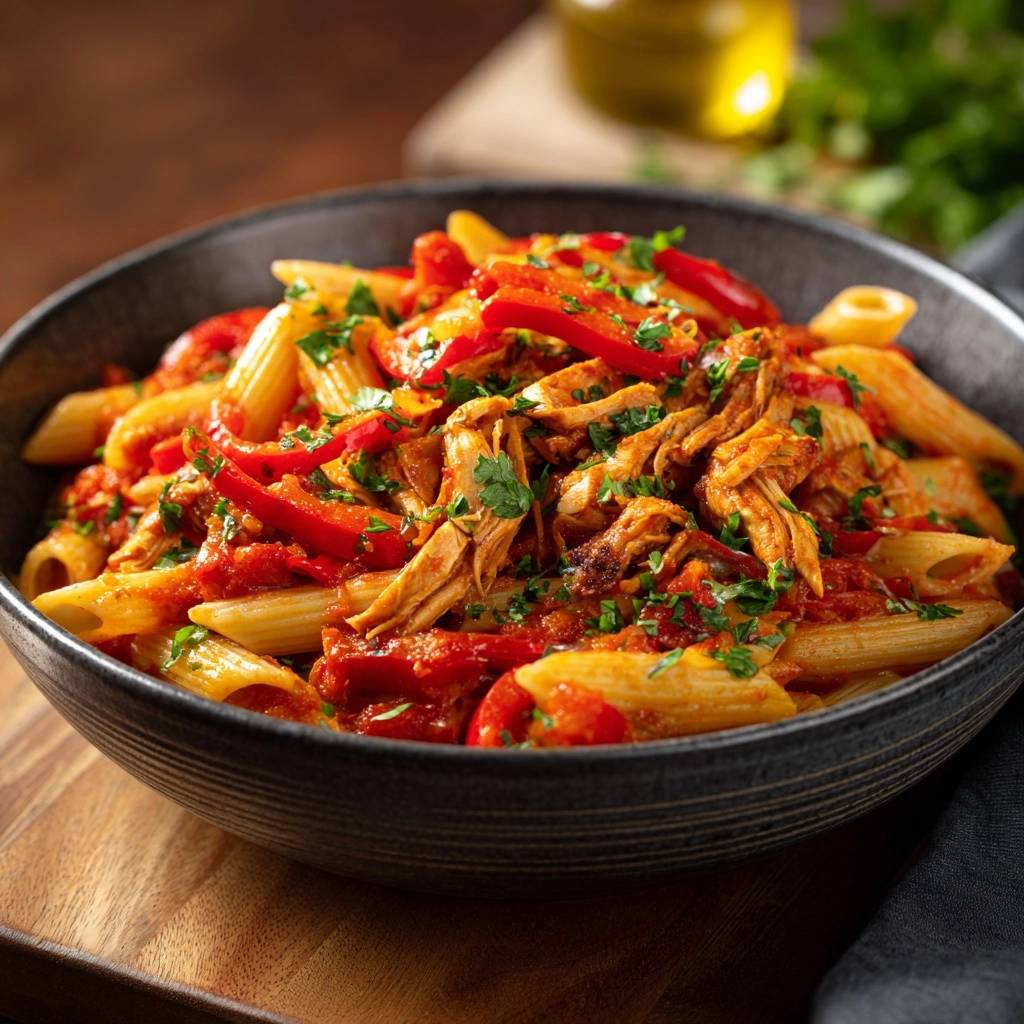 Mediterrane Penne mit Zupfhähnchen, eine Nahaufnahme des reichhaltigen Gerichts mit Nudeln, Hähnchen und roter Paprika, garniert mit Petersilie.