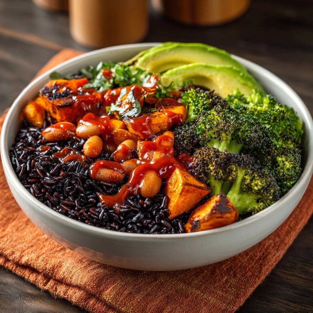Mediterrane Power-Bowl mit schwarzem Reis, Nahaufnahme der gesunden Zutaten wie Avocado, Brokkoli und Süßkartoffeln mit Sauce übergossen.