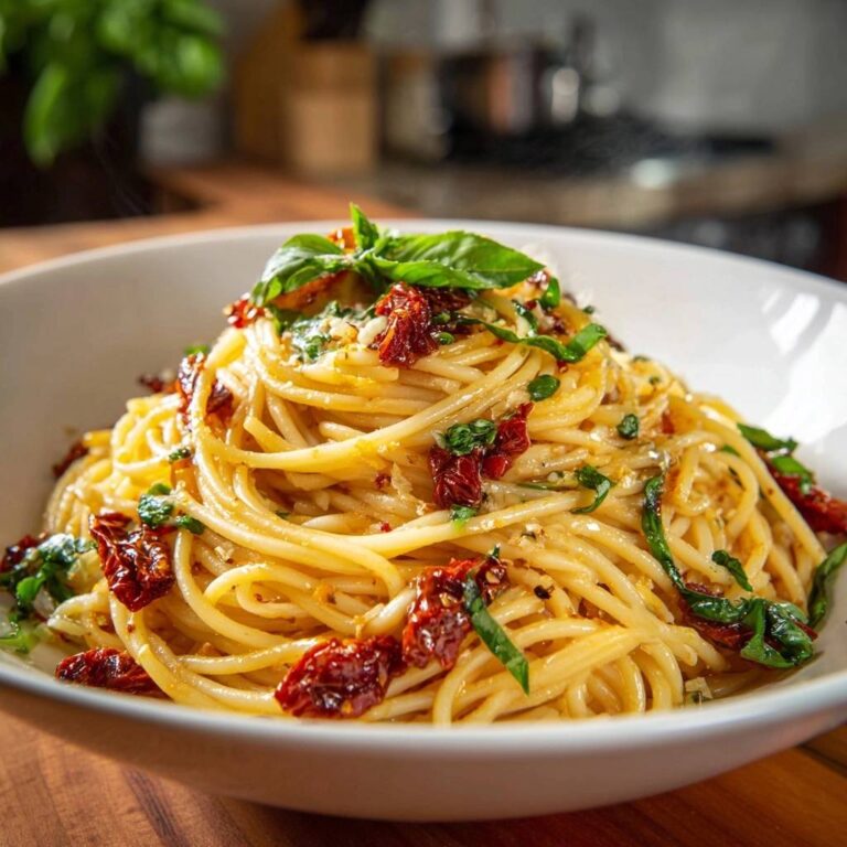Mediterrane Spaghetti mit getrockneten Tomaten, garniert mit frischem Basilikum und Knoblauch in einer weißen Schüssel.