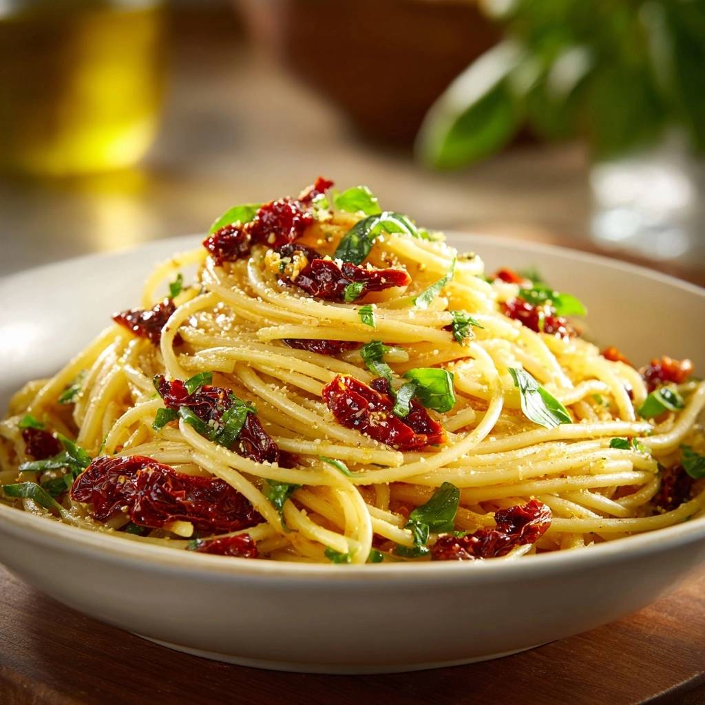 Mediterrane Spaghetti mit getrockneten Tomaten, garniert mit frischem Basilikum und geriebenem Parmesan, in einer Schüssel serviert.