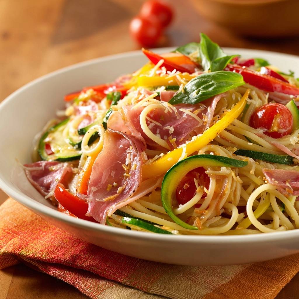 Mediterrane Spaghetti mit Zucchini und Schinken, Nahaufnahme der Nudeln mit Schinken, Zucchini und Paprika garniert.