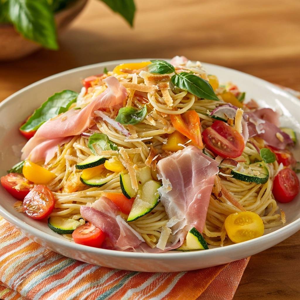 Mediterrane Spaghetti mit Zucchini und Schinken, nahaufnahme der Nudeln mit frischen Zutaten und Schinken garniert