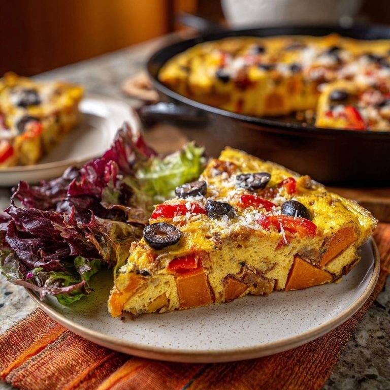 Mediterrane Süßkartoffel-Frittata angeschnitten auf einem Teller mit Salat, garniert mit Oliven und Parmesan.