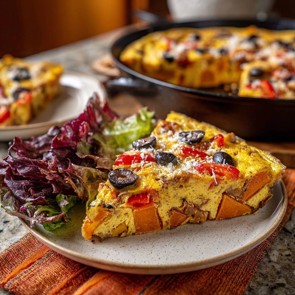 Mediterrane Süßkartoffel-Frittata angeschnitten auf einem Teller mit Salat, garniert mit Oliven und Parmesan.