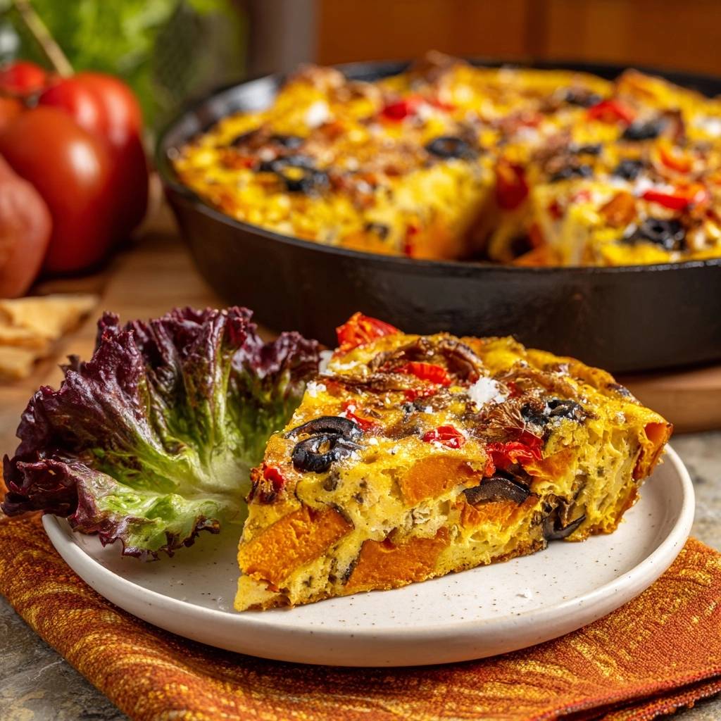 Mediterrane Süßkartoffel-Frittata, ein angeschnittenes Stück auf einem Teller mit Salat garniert, zeigt die fluffige Textur.