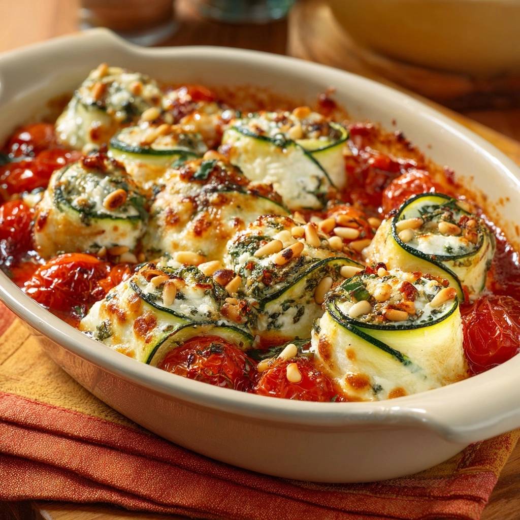 Mediterrane Zucchini-Involtini gebacken im Ofen, mit Kirschtomaten und Pinienkernen garniert, in Auflaufform serviert.