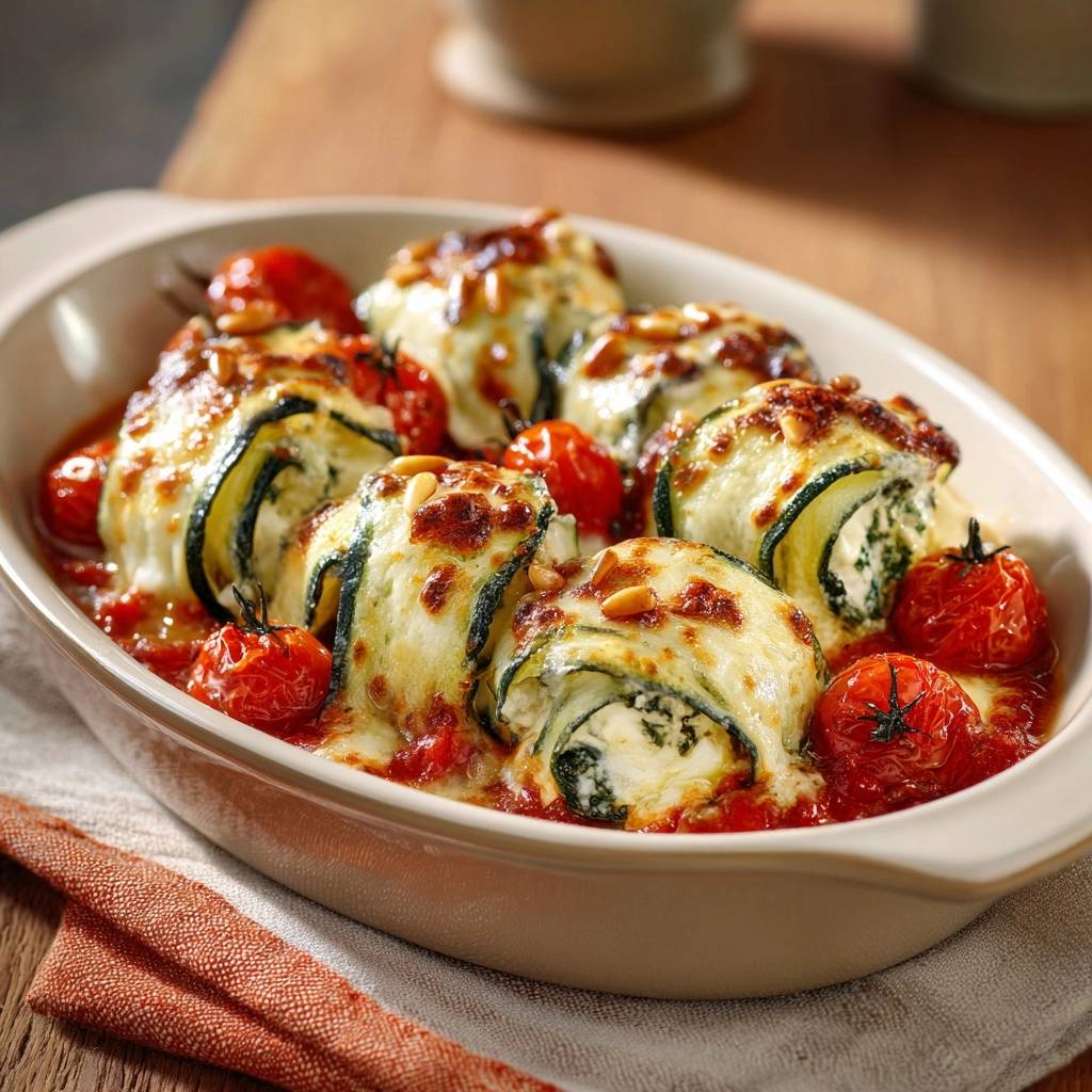 Mediterrane Zucchini-Involtini mit geschmolzenem Käse und Kirschtomaten, nahaufnahme des gebackenen Gerichts
