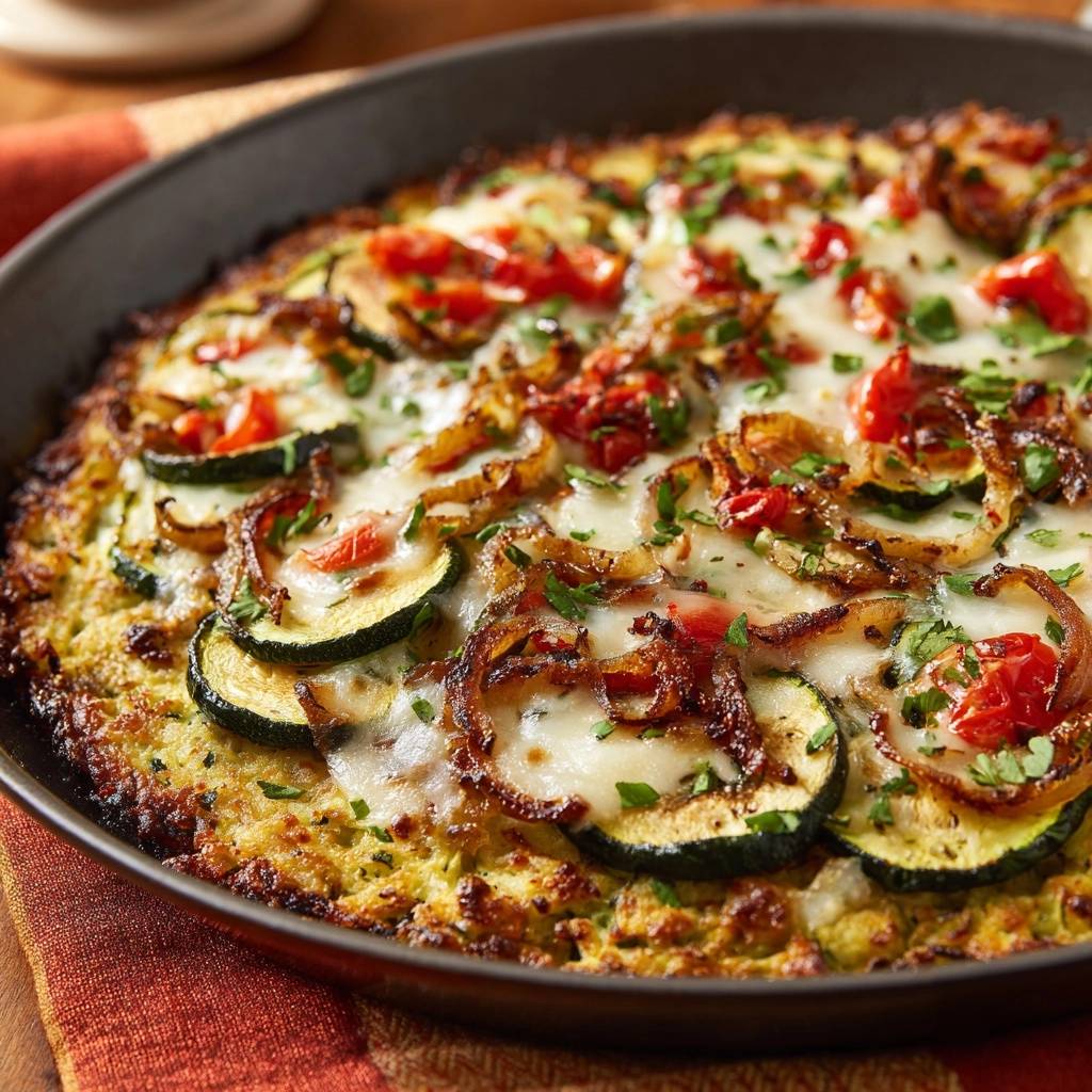 Mediterrane Zucchini-Kartoffel-Pfanne mit geschmolzenem Käse, Zucchinischeiben, Tomatenwürfeln und frischer Petersilie garniert.