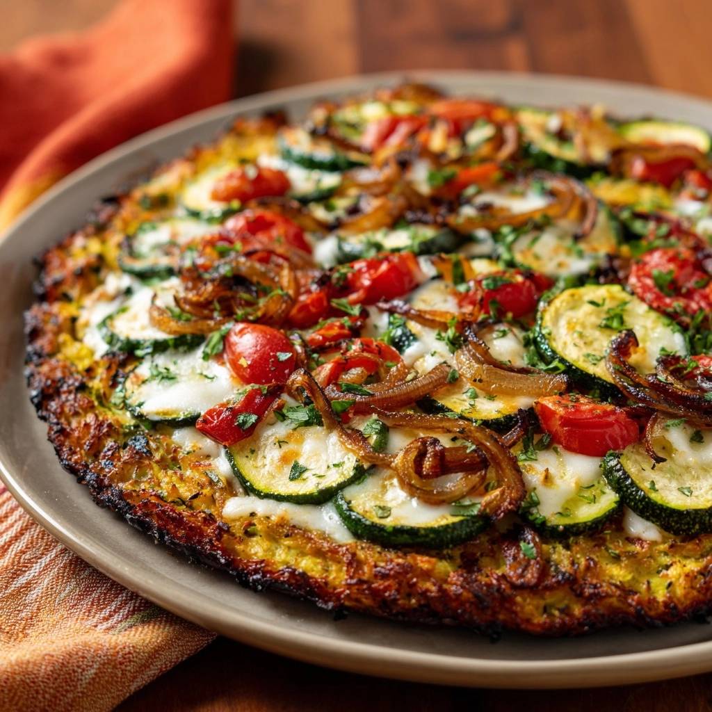 Mediterrane Zucchini-Kartoffel-Pfanne mit einem Anti-Matsche-Boden, nahaufnahme der garnierten Oberfläche mit Zucchini, Tomaten und Zwiebeln.