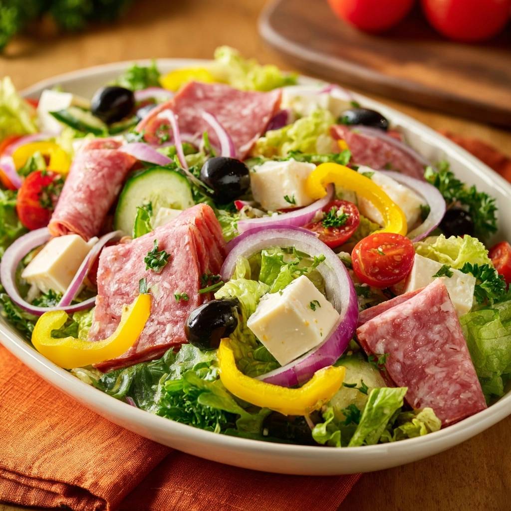 Mediterraner Antipasti-Salat mit Salami, Käse und Gemüse in Nahaufnahme auf einem Teller, präsentiert mit frischen Zutaten.
