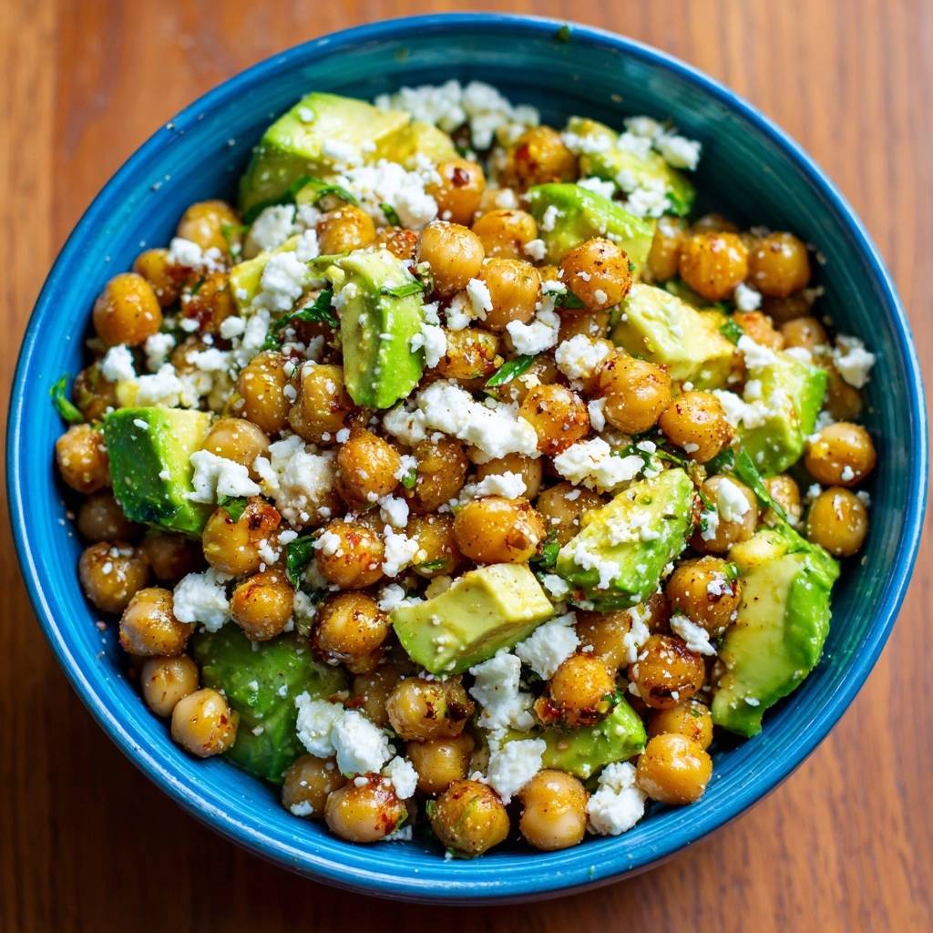 Mediterraner Kichererbsen-Avocado-Salat mit zerbröseltem Feta in einer blauen Schüssel, Nahaufnahme der Textur.