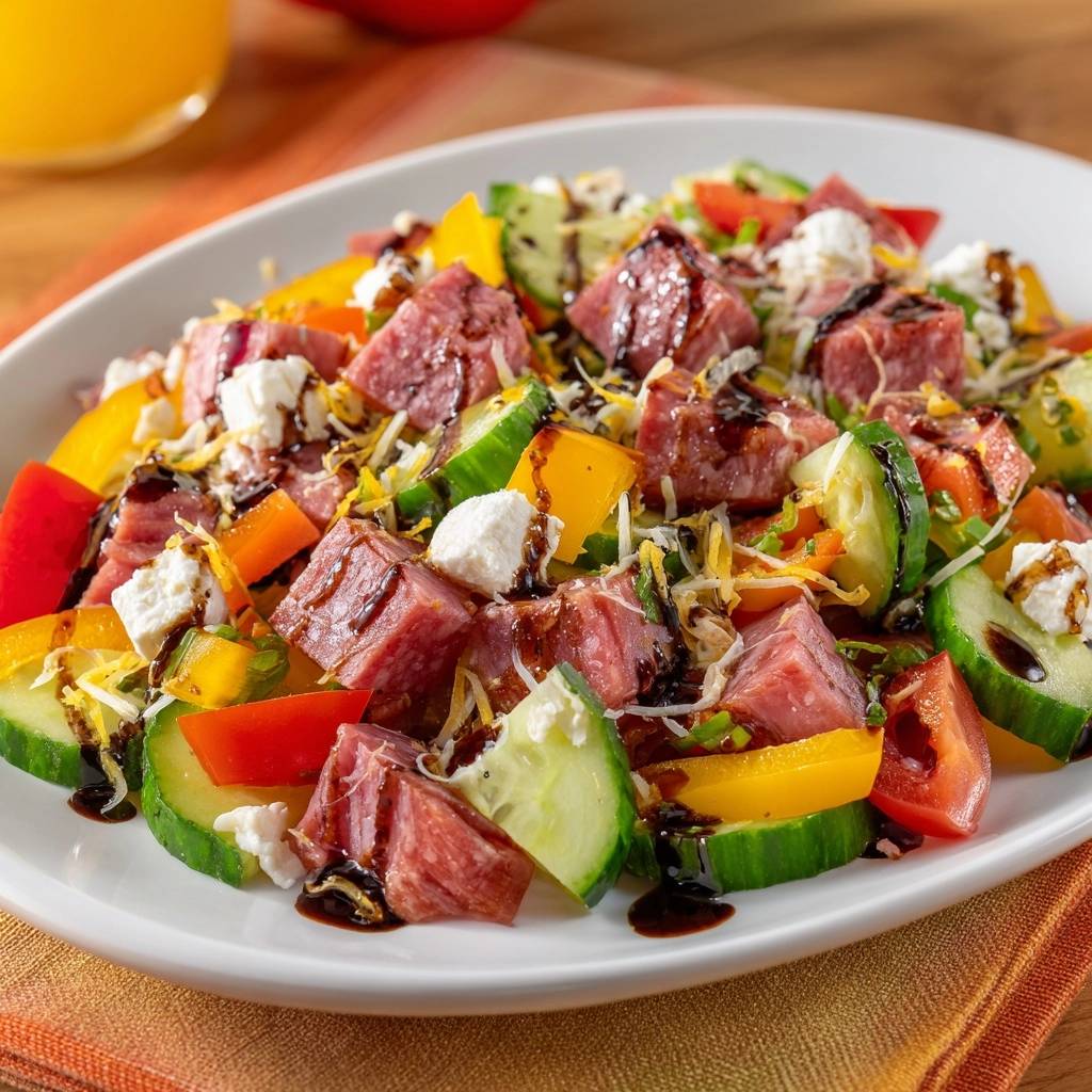 Mediterraner Salami-Feta-Salat mit Gurken, Tomaten und Paprika, nahaufnahme mit Balsamico-Dressing