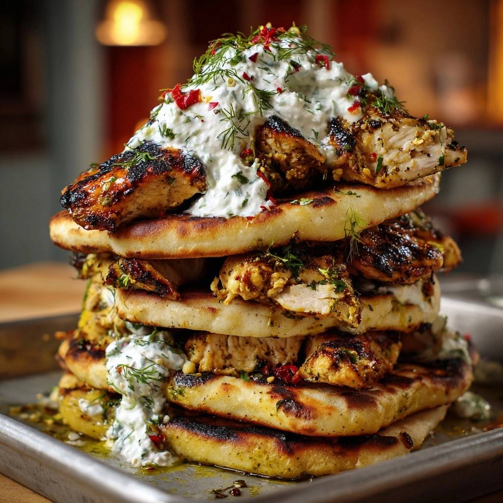 Mediterranes Grillhähnchen auf Fladenbrot, saftig und zart, auf einem Blech gestapelt und mit Joghurt-Dip garniert.