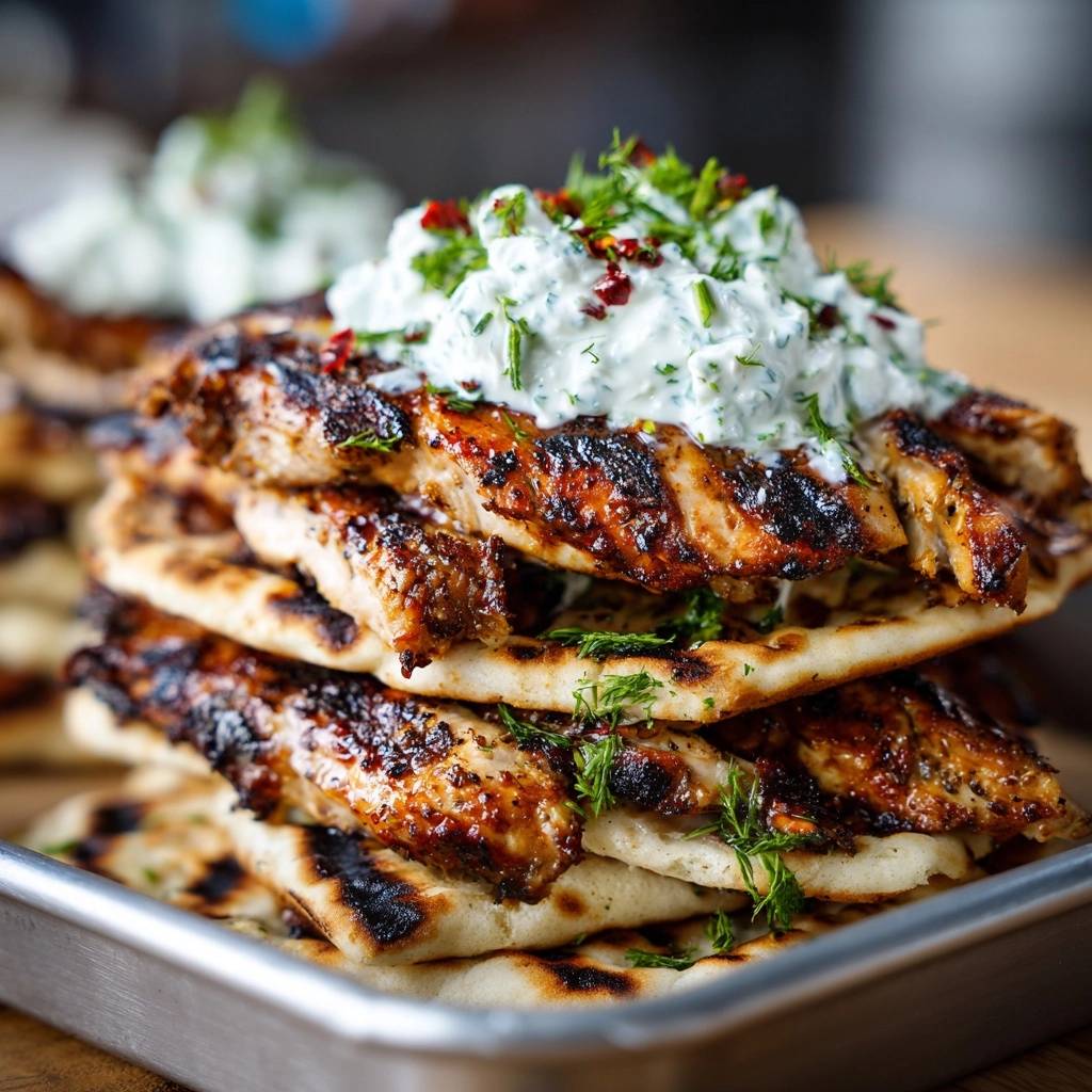 Mediterranes Grillhähnchen auf Fladenbrot mit einer üppigen Garnitur aus Joghurt-Dip und frischen Kräutern, Nahaufnahme.