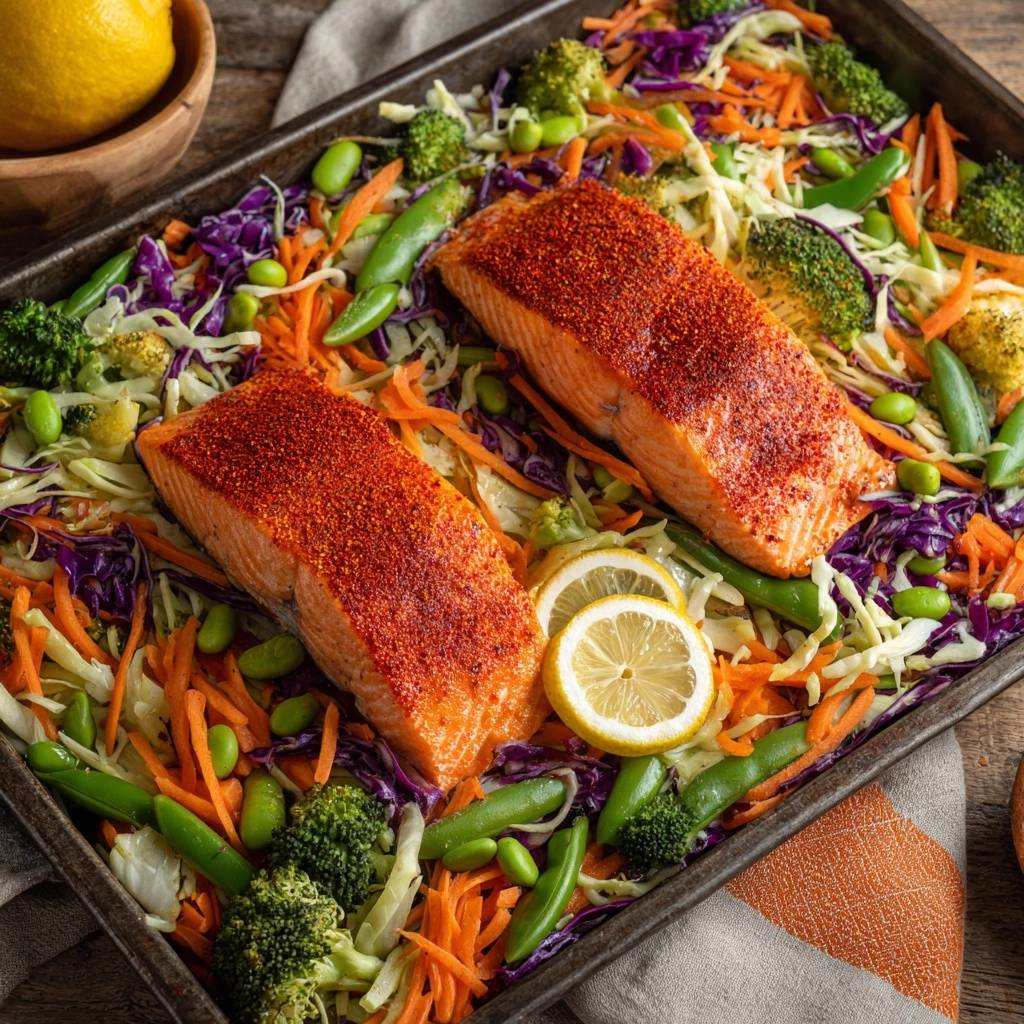 Würziger Ofenlachs mit Regenbogen-Gemüse auf einem Backblech, zubereitet mit Lachsfilets und buntem Gemüse.