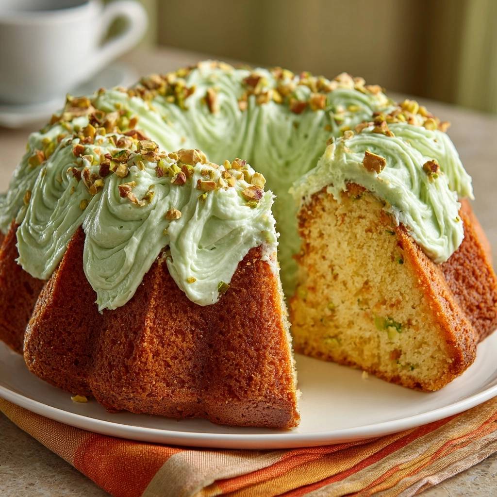 Saftiger Pistazien-Gugelhupf angeschnitten mit detailreichem, hellgrünem Pistazien-Frosting und gehackten Pistazien garniert.