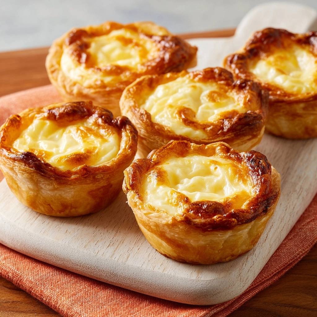 Portugiesische Puddingtörtchen in einer Nahaufnahme, die mehrere der frisch gebackenen Gebäcke auf einem Holzbrett zeigt.