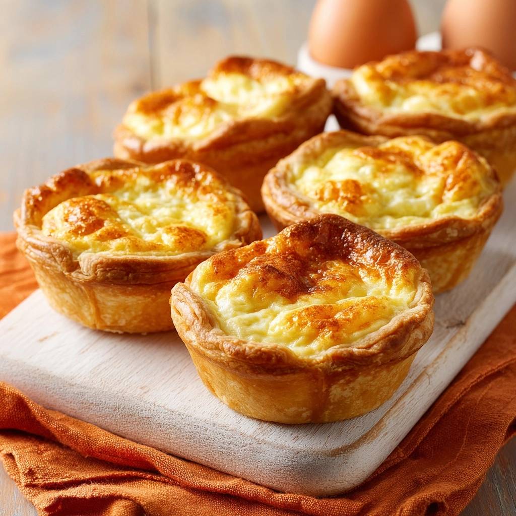 Portugiesische Puddingtörtchen frisch gebacken auf einem Holzbrett mit orangener Serviette, Nahaufnahme der goldbraunen Oberfläche