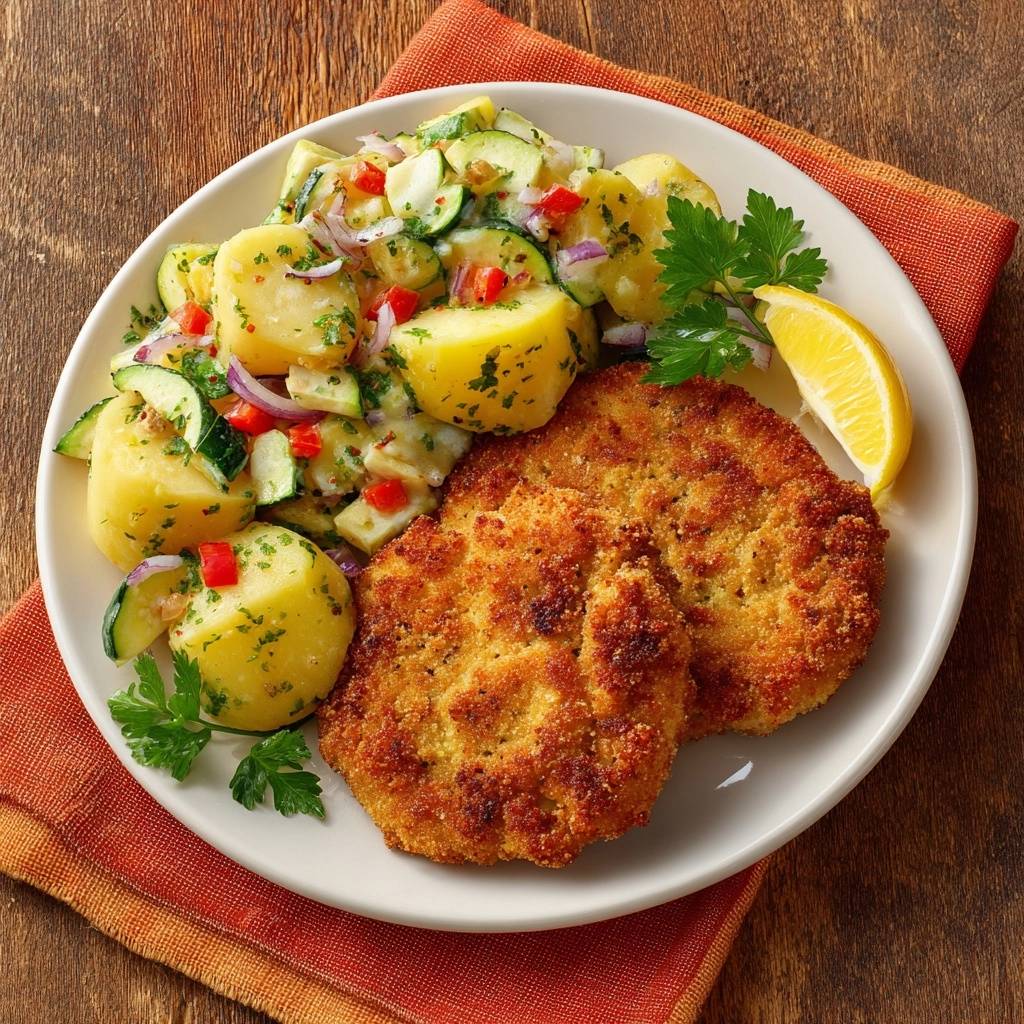 Goldbraunes Putenschnitzel mit mediterranem Kartoffelsalat, serviert auf einem Teller mit Zitrone und Petersilie