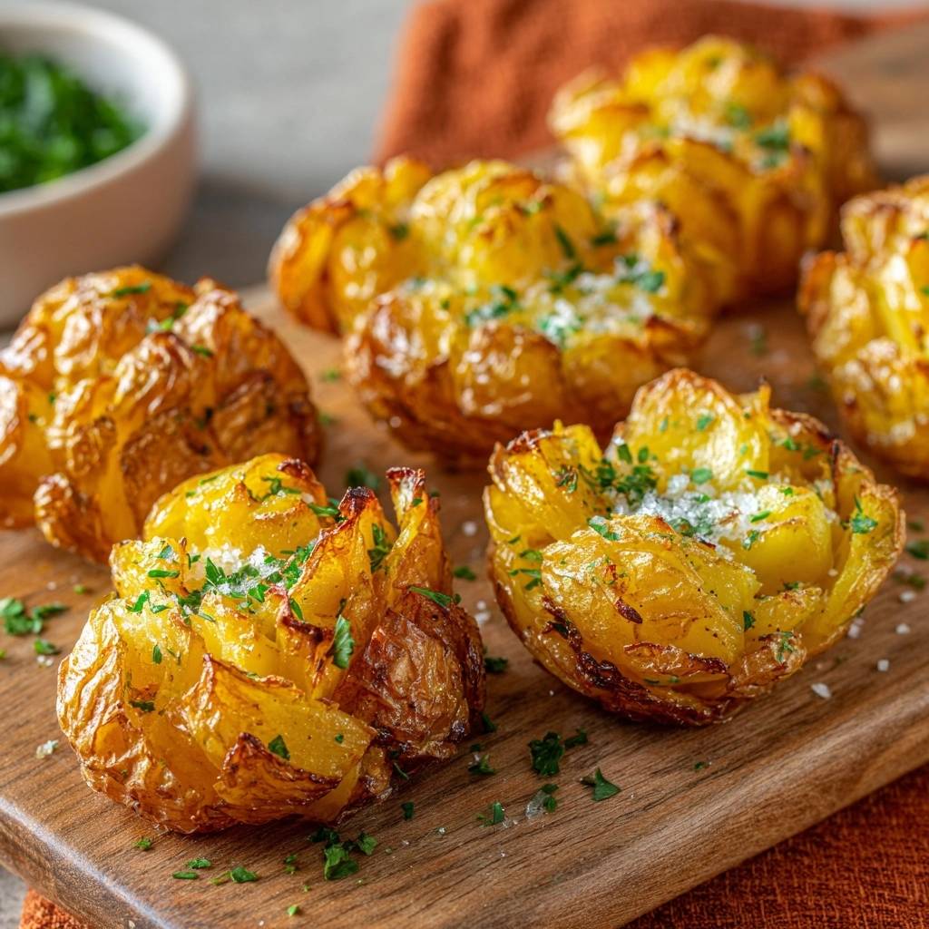 Goldgelbe Quetschkartoffeln aus dem Ofen, knusprig gebacken und mit frischer Petersilie und Salz garniert, Nahaufnahme auf Holzbrett.
