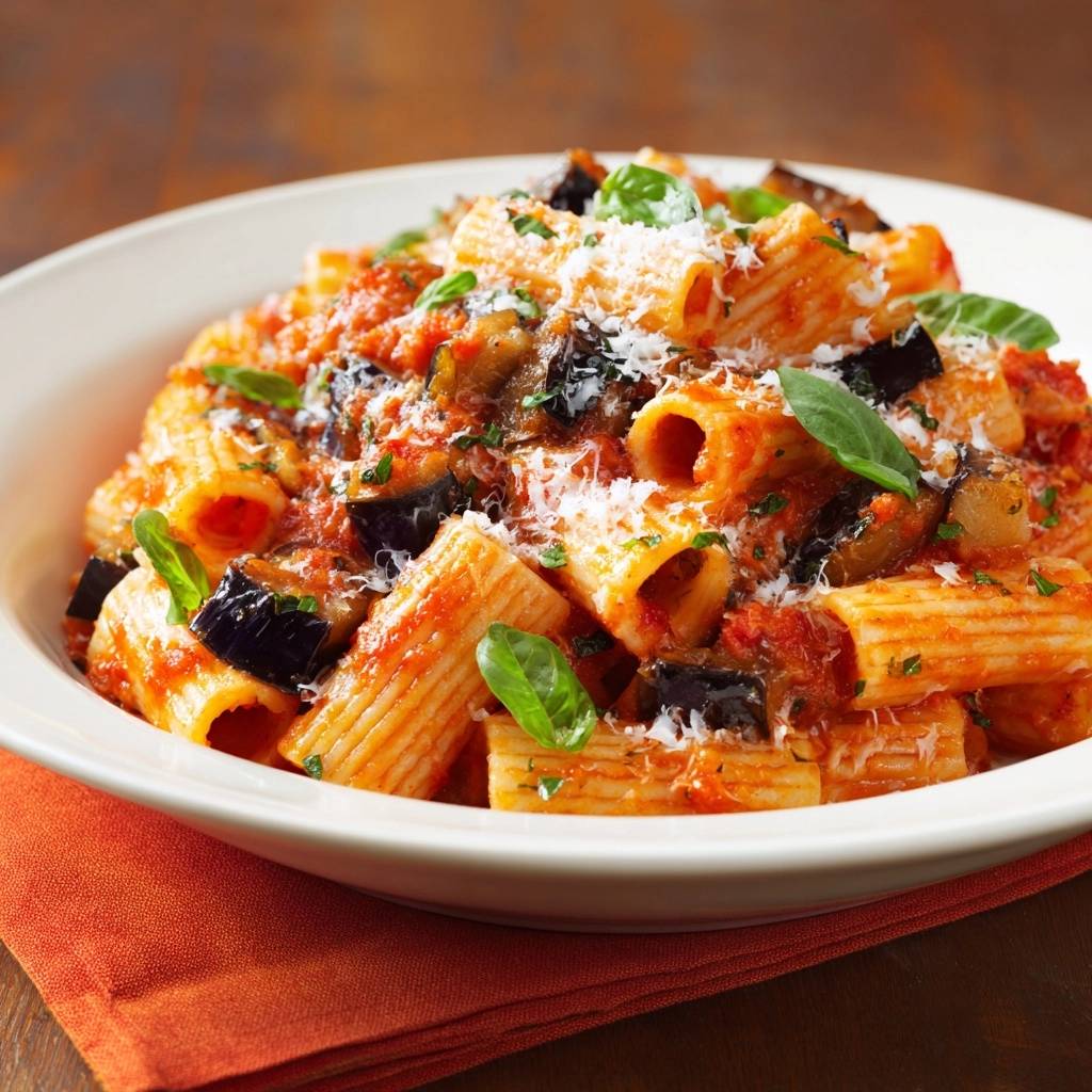 Rigatoni alla Norma mit Auberginen und Basilikum, Nahaufnahme mit geriebenem Parmesan und frischen Kräutern garniert.