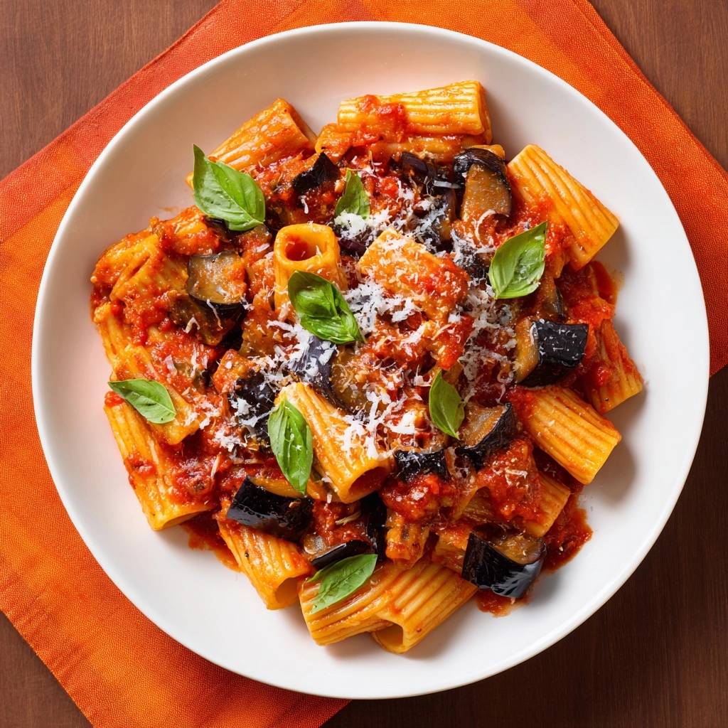 Rigatoni alla Norma von oben serviert in einer weißen Schüssel mit frischem Basilikum und geriebenem Käse.