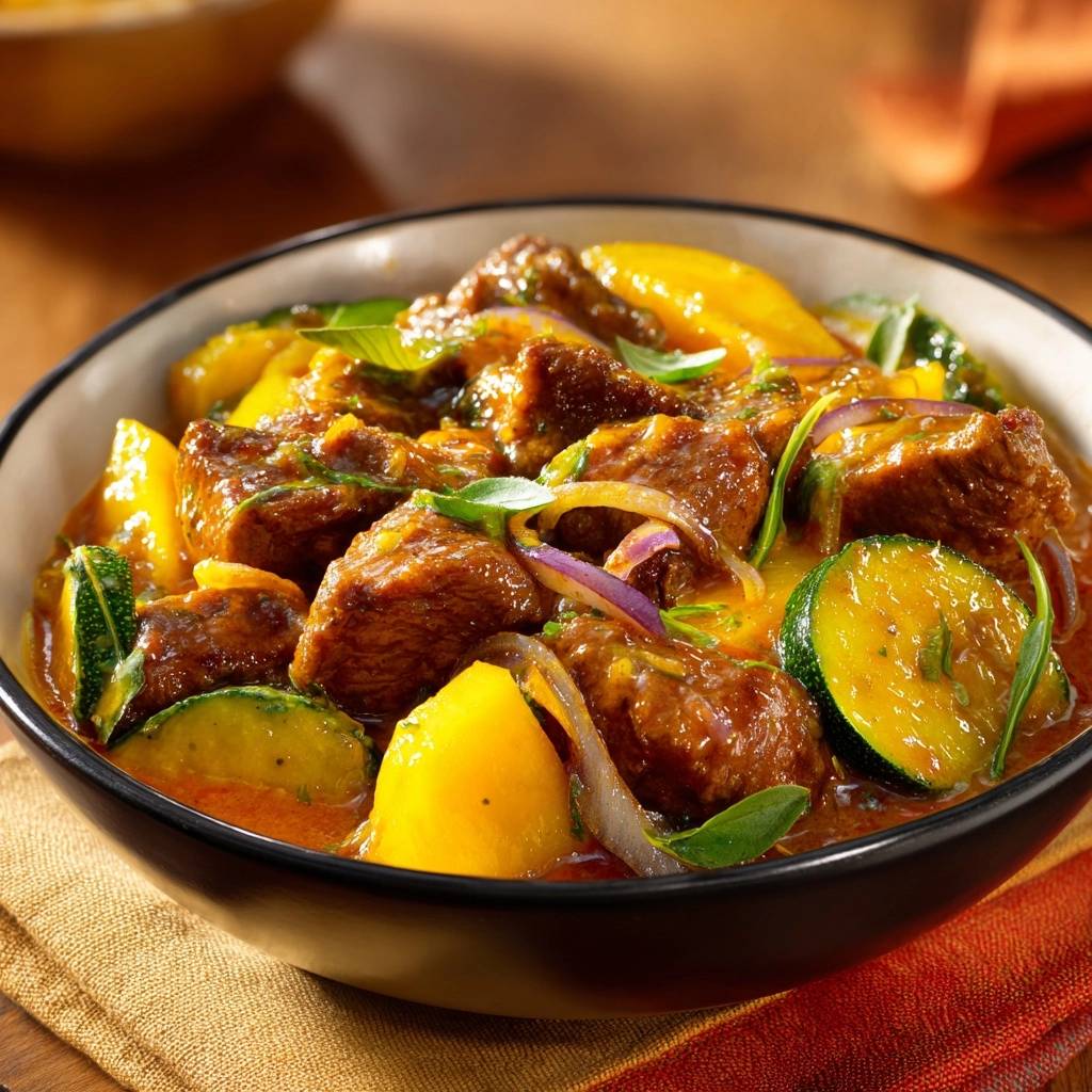 Herzhaftes Rindergulasch mit Zucchini und Kartoffeln, serviert in einer Schüssel mit roten Zwiebeln und Kräutern.