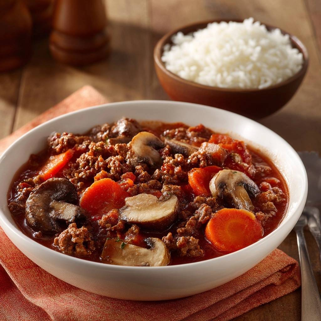 Herzhaftes Rinderhack-Gulasch mit Pilzen in einer weißen Schüssel, nahaufnahme der Zutaten mit Reis im Hintergrund.