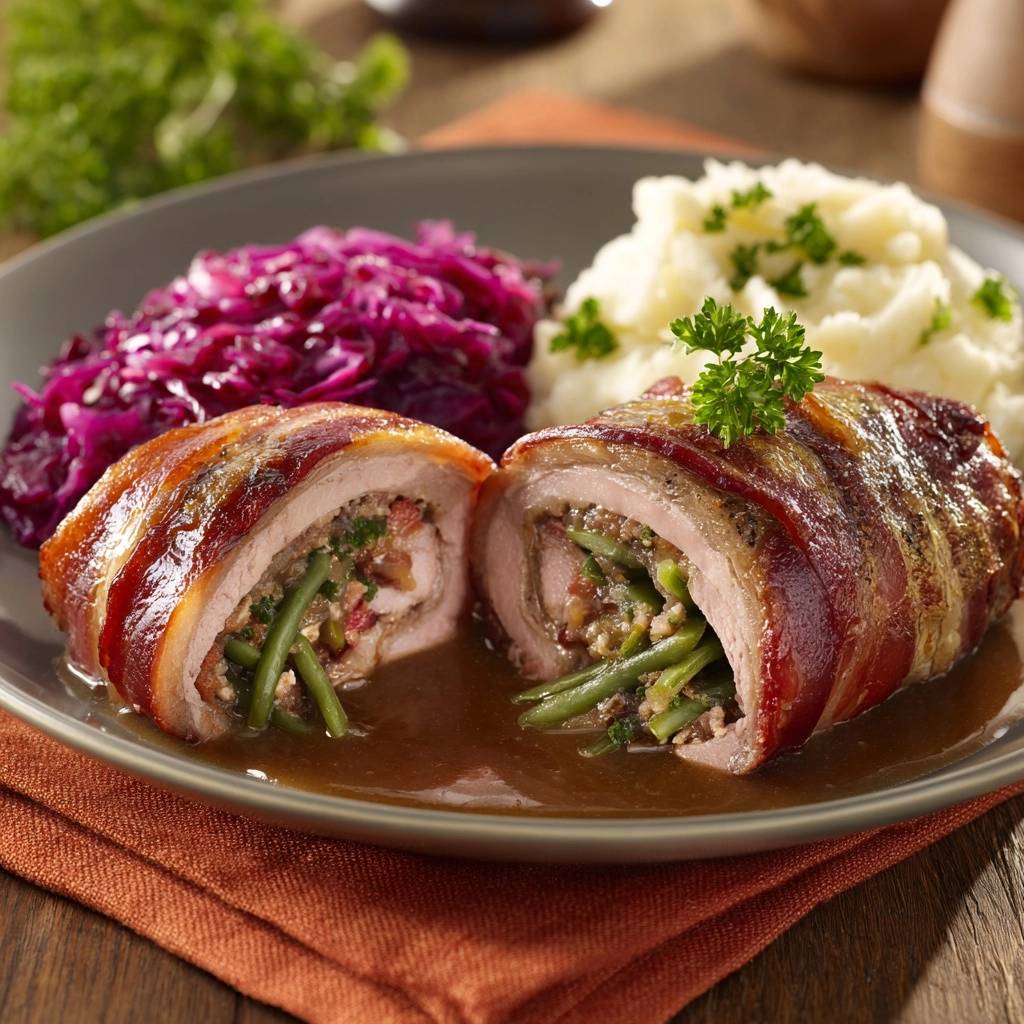 Saftige Rinderrouladen im Baconmantel, angeschnitten, zeigen die grüne Bohnenfüllung und den herzhaften Bratensoßen-Sud.