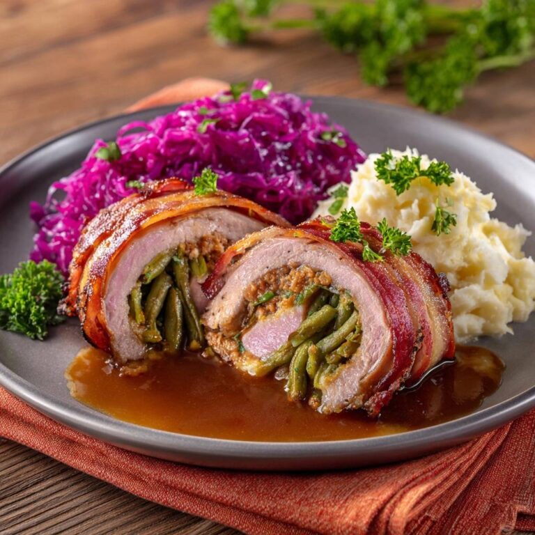 Saftige Rinderrouladen im Baconmantel angeschnitten, mit grünen Bohnen und Kartoffelpüree serviert.