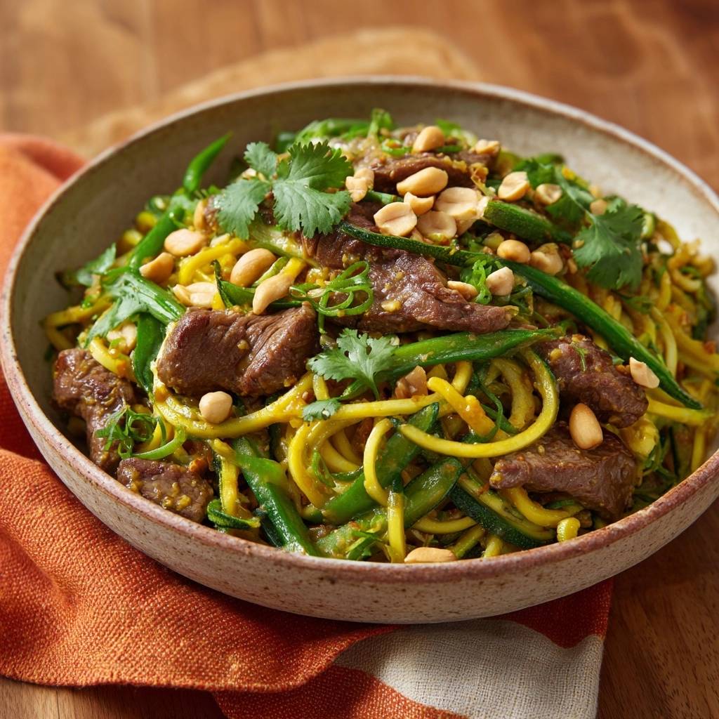 Rindfleisch-Zucchini-Pfanne mit Erdnüssen und Koriander garniert, eine Low-Carb-Mahlzeit mit zarten Rindfleischstreifen und knackigem Gemüse.
